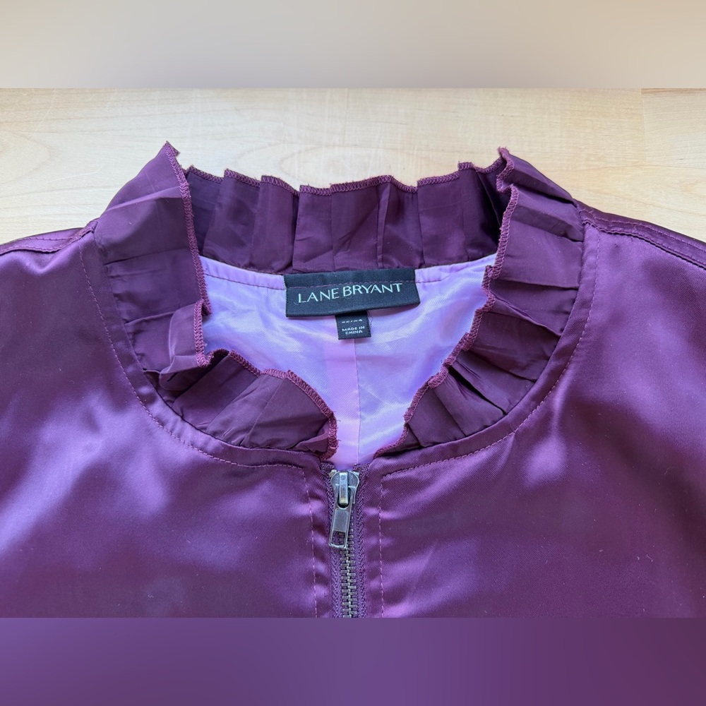 Lane Bryant 22W Plum Satin Bomber Jacket Snap Pocket Ruffle Trim Plus Chic - Picture 4 of 14